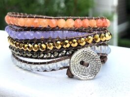 WRAP BRACELET, SEMIPRECIOUS STONES, HAMMERED ZINC BUTTON