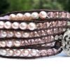 wrap, wraps around wrist, pink, freshwater pearls, crystals, zinc, decorative button, adjustable, handcrafted, takes 2-4 hours to make