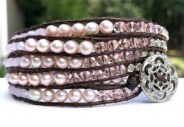 WRAP BRACELET, PINK FRESHWATER PEARLS, CRYSTALS