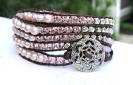 WRAP BRACELET, PINK FRESHWATER PEARLS, CRYSTALS