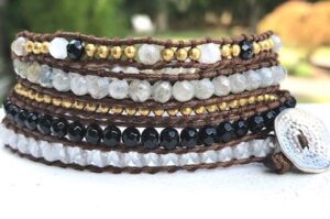 wrap, wraps around wrist, black, gold, clear, labradorite, zinc, hammered button, adjustable, handcrafted, takes 2-4 hours to make, semiprecious stones