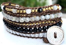 WRAP BRACELET, SEMIPRECIOUS STONES, HAMMERED ZINC BUTTON