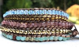 WRAP BRACELET, SEMIPRECIOUS STONES, HAMMERED ZINC BUTTON