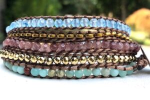 wrap, wraps around wrist, blue, plum, amazonite, green, gold, zinc, hammered button, adjustable, handcrafted, takes 2-4 hours to make, semiprecious stones