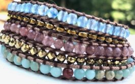 WRAP BRACELET, SEMIPRECIOUS STONES, HAMMERED ZINC BUTTON