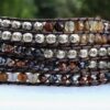 wrap, wraps around wrist, brown, zinc, hammered button. agate, adjustable, handcrafted, takes 2-4 hours to make, semiprecious stones, semiprecious stones