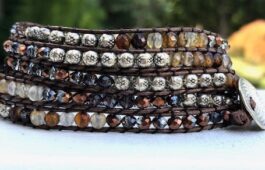 WRAP BRACELET, SEMIPRECIOUS STONES, HAMMERED ZINC BUTTON