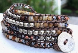 WRAP BRACELET, SEMIPRECIOUS STONES, HAMMERED ZINC BUTTON