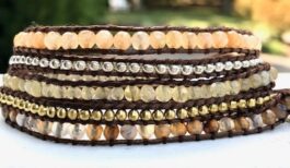 WRAP BRACELET, SEMIPRECIOUS STONES, HAMMERED ZINC BUTTON