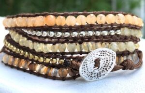 wrap, wraps around wrist, brown, zinc, hammered button. agate, adjustable, handcrafted, takes 2-4 hours to make. semiprecious stones