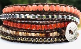 WRAP BRACELET, SEMIPRECIOUS STONES, HAMMERED ZINC BUTTON