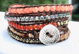 WRAP BRACELET, SEMIPRECIOUS STONES, HAMMERED ZINC BUTTON