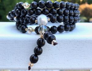 wooden beads, shell pearl, glass beads. wrap, stretch, handcrafted, dark brown, mala, wrap around wrist