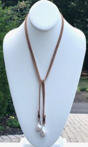 Lariat, brown leather, freshwater pearls, tie in front