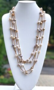 Cool Combo, suede cord, cream/gray/gold colors, magnetic clasp, natural, long