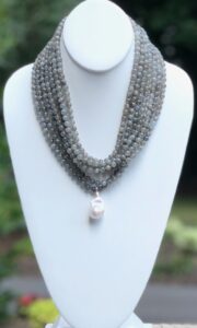 Labradorite, multi strand, freshwater pearl, enhancer, statement necklace, statement clasp, elaborate