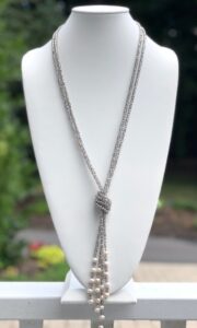 scarf necklace, gray, strands, knotted, freshwater pearls, crystals, simple