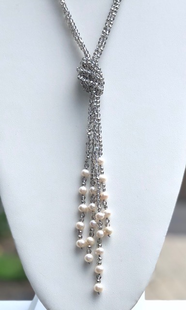scarf necklace, gray, strands, knotted, freshwater pearls, crystals, white, simple