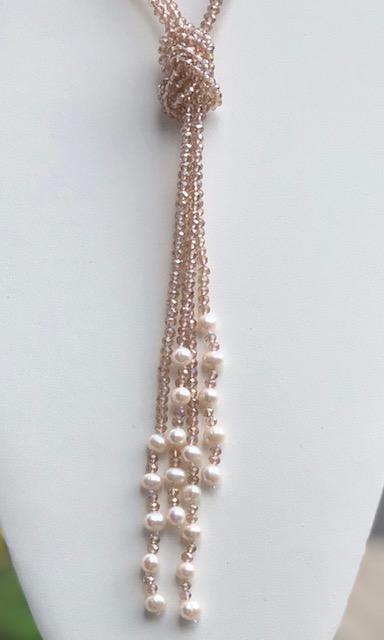 scarf necklace, champagne, strands, knotted, freshwater pearls, crystals, white, simple