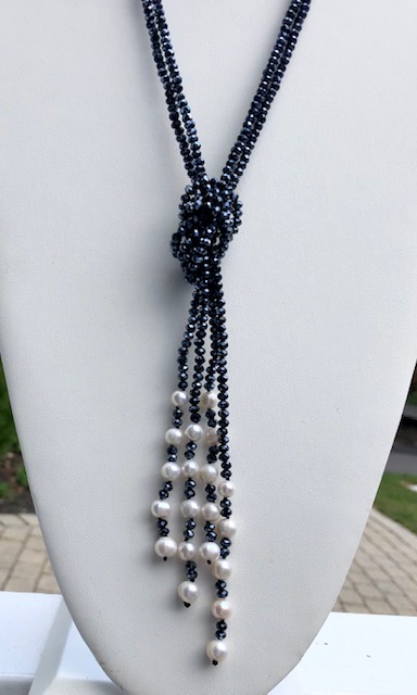 scarf necklace, dark navy, strands, knotted, freshwater pearls, crystals, white, simple