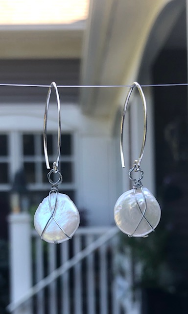 caged, coin, pearls, sterling silver, white, unique, wire detail, short